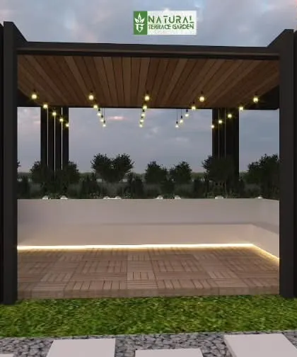A proposed design for a pergola with built-in seating and string lights. The structure is designed to be a comfortable and intimate gathering spot.