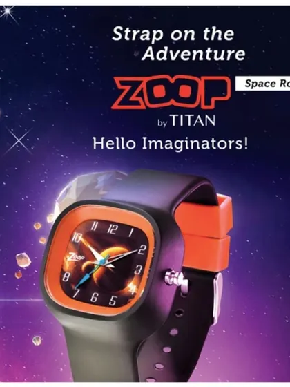 Product styling for the Titan Zoop 'Space Rover' watch. The adventurous theme is conveyed through the name and design, and the image is focused solely on the watch to highlight its features for young explorers.