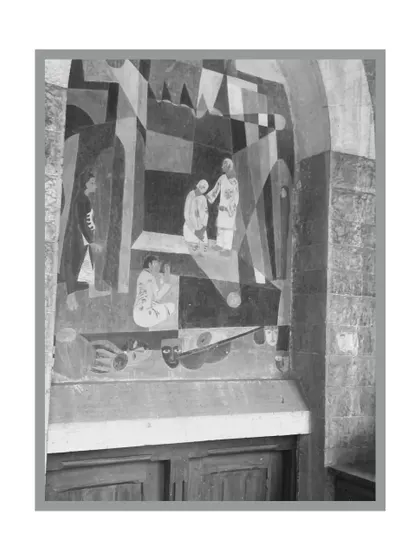 A black and white photo of the mural painting in progress, highlighting the composition and tonal structure.