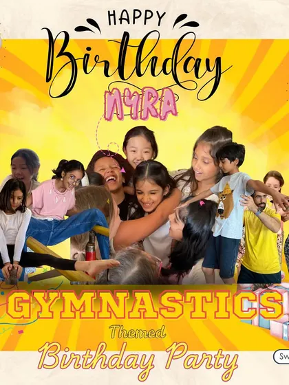 A beautiful graphic commemorating Myra's gymnastics-themed birthday party, filled with flips, fun, and friendship.