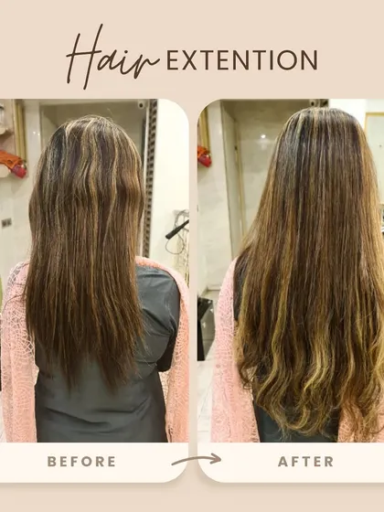 A beautiful example of adding extensions to highlighted hair. The result is a fuller, longer style where the extensions are completely indistinguishable from the natural hair.
