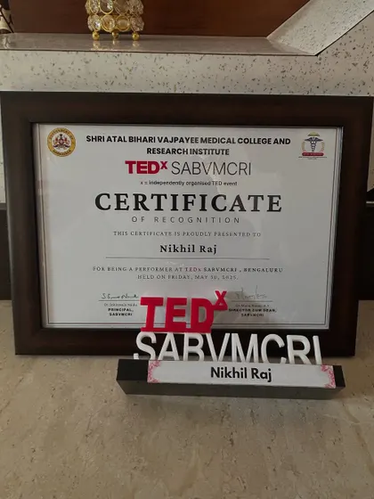 The certificate of recognition and memento from my fourth TEDx talk. These accolades represent milestones in my journey as a performer and speaker, reinforcing my commitment to delivering impactful sessions.