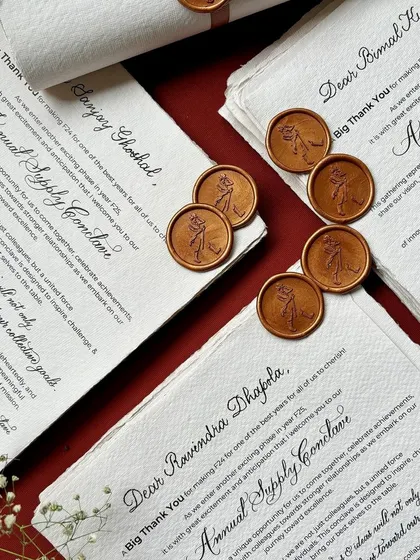 I was thrilled to work on this old-school, personalized moodboard for Diageo. Over 60 scrolls were prepared on classic deckled edge paper with a custom Johnnie Walker wax seal to welcome guests to their corporate event in Chennai.