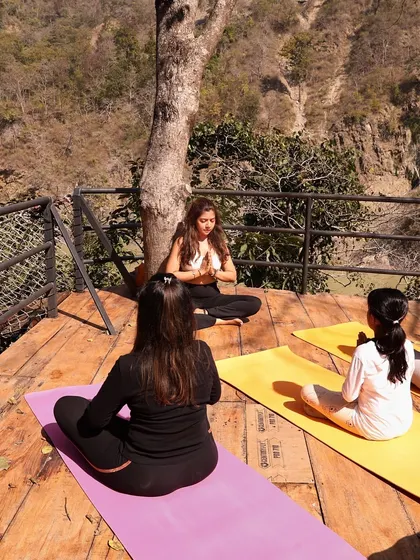 Guiding a pranayama session during a retreat in Rishikesh. My goal as a teacher is to create a safe and supportive space where you can explore your breath and connect with your inner landscape, surrounded by the healing energy of nature.