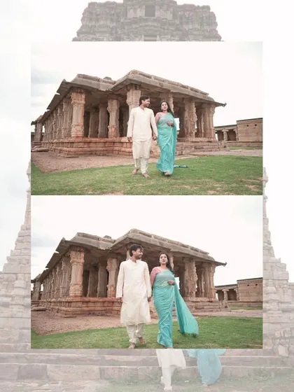 A collage showing the couple walking through the historic stone pillars of a temple complex, a perfect setting for a heritage-themed pre-wedding shoot.
