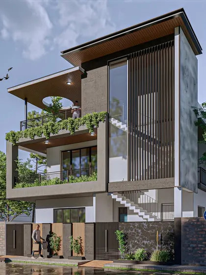 This biophilic contemporary residence is designed to bring harmony, light, and greenery into every corner. The design features deep, cantilevered balconies with integrated planters and a circular cutout on the terrace roof.