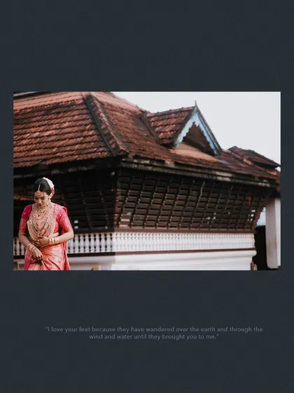 A wide shot of the bride against a traditional building, with a romantic quote.