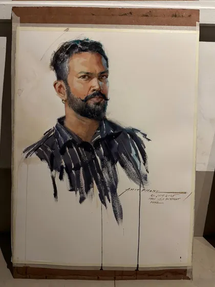 A self-portrait created as a live demonstration. This piece showcases my approach to watercolour portraits, focusing on capturing likeness and expression with fluid, confident brushstrokes.