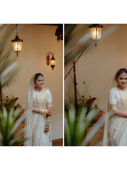 A collage of the bride in her elegant white saree, posing in a beautifully designed traditional Kerala home.