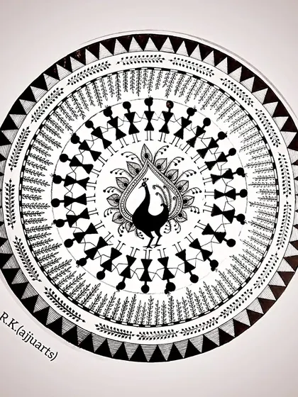 The full view of my circular Warli painting. This art form uses basic geometric shapes to create a beautiful narrative of social life, and I find the process of creating it very meditative.