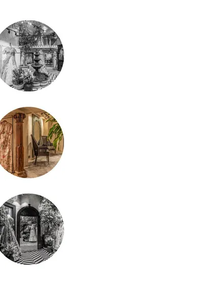 A graphic representation of key visual moments from The Vintage Garden project. These circular vignettes capture the essence of the store's design, from the central fountain to the detailed architectural features.