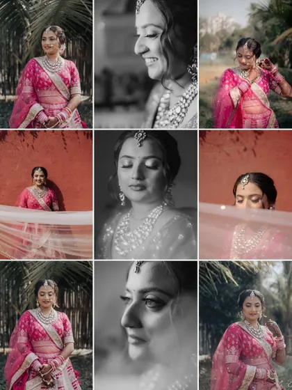 A grid of nine bridal portraits, mixing color and black and white to showcase the bride's expressions and the details of her look.