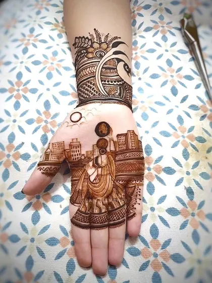 A special Karva Chauth mehndi depicting the iconic moment of the festival. I can create custom scenes that tell a story on your hands.