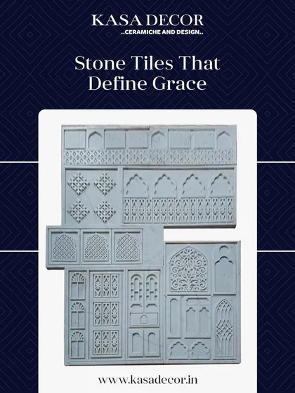 A collection of our stone tiles that define grace. These intricately carved panels, inspired by traditional *jaali* and archway designs, add enduring allure to any space.