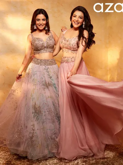 Soft pastels and softer waves for this Aza Fashions look. I styled Kajal's hair to feel light and airy, matching the romantic feel of these beautiful lehengas.