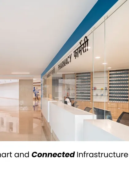 Smart and connected infrastructure is a key trend transforming healthcare. This image of a modern pharmacy highlights our focus on integrating technology to optimize workflows and improve patient care.