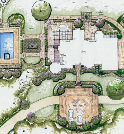 A hand-drawn site plan for a large residential property. This initial sketch is where the creative process begins, mapping out the placement of the pool, driveway, and garden areas.