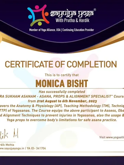 A certificate for a graduate of our 'Sthira Sukham Asanam' course. This teacher is now ready to share the principles of individualized alignment and injury prevention.
