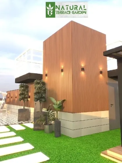 A 3D render showcasing a mix of architectural elements. The design includes a wooden-clad structure, a modern pergola, and a tiled patio with a swing, demonstrating a complete layout.