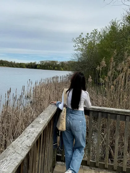 Looking out at the peaceful scenery of Heart Lake.