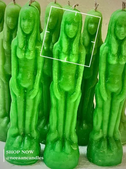 Glow up, goddess style. I created this army of green female form candles to illuminate your space with fierce, beautiful, and feminine energy.