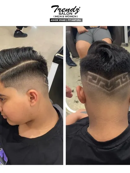 A two-panel image showing both the side and back of this creative haircut, highlighting the precision of the design.