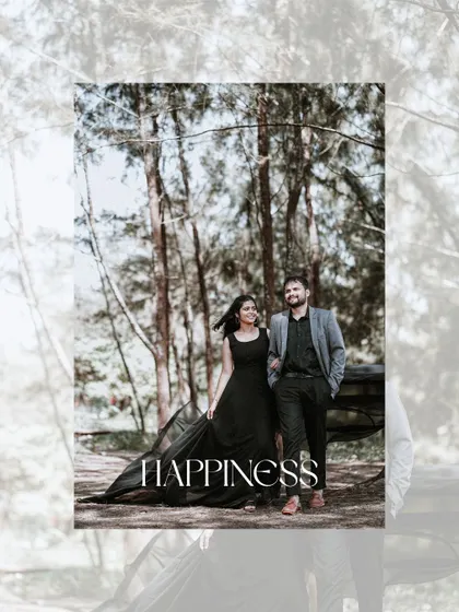 A romantic walking shot through a forest in Goa, with the word "Happiness" overlaid to capture the mood of the moment.