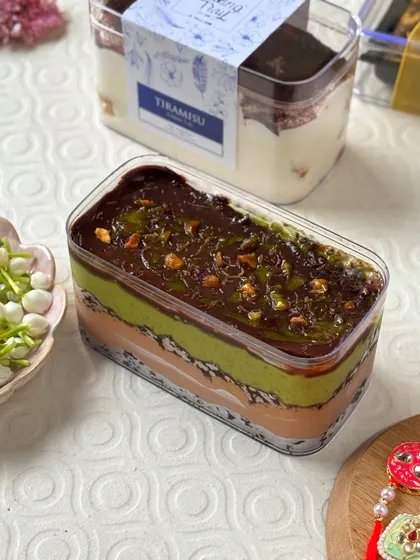 Another look at the vibrant layers of my Dubai Kunafa Pistachio Tub. This dessert is a feast for the eyes and the palate, making it a standout addition to any gift hamper.
