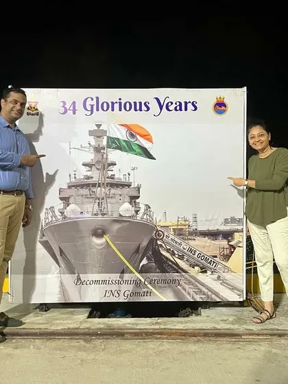 Posing with a banner for the INS Gomati after its 34 glorious years of service. We salute the Indian Navy and are proud to provide our catering services for their most important occasions.