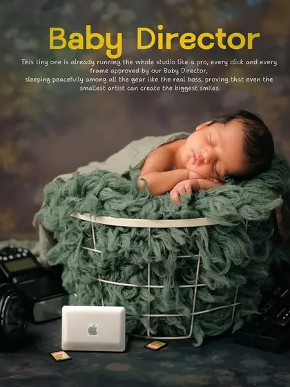 A creative edit for the 'Baby Director' theme, with text that playfully describes the baby as the one in charge. This adds a fun, story-telling element to the final image.