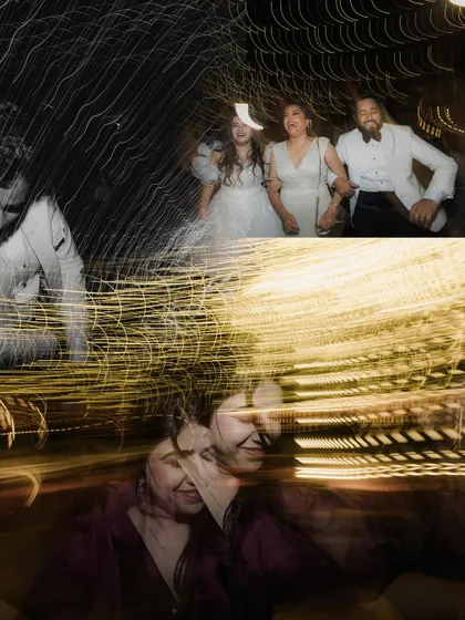 A mix of black and white and color images from the party, all featuring creative light trails. It shows the couple and their guests lost in the music and the moment.