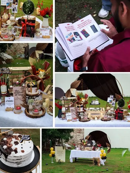 Every detail is carefully crafted to elevate your lavish surprise. This collage shows the personalized love book, the stunning cake, and the beautiful outdoor tent setup.