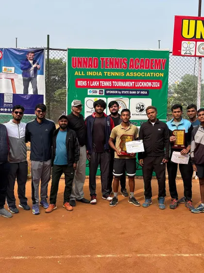 The prize distribution ceremony at the Unnad Tennis Academy in Lucknow. Our player Nithilan stands proud with his first AITA Men's 1 Lakh singles trophy.