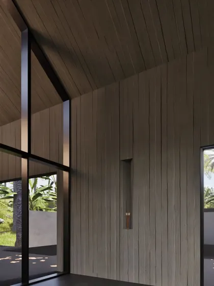This series of renders explores the artist's residence, inspired by traditional Indian courtyard homes ('thotti mane'). The design features a concrete shell, an open-to-sky courtyard, and an agarbatti niche, fusing modern form with sensory, traditional details that connect the space to both culture and nature.