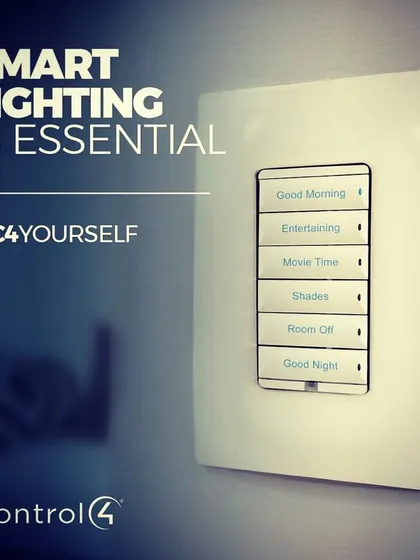 This Control4 keypad demonstrates the power of smart lighting scenes. With a single press, you can activate pre-set lighting configurations for different activities, such as "Entertaining," "Movie Time," or "Good Night," which adjusts multiple lights to the perfect levels.