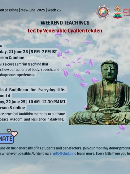 This poster for weekend teachings with Venerable Lekden covers "Karma" and "Practical Buddhism." The image of the Buddha statue conveys a sense of timeless wisdom and stability.