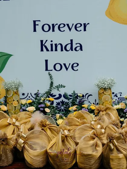 A close-up of the return favors for the Mediterranean-themed Haldi. The small, thoughtful gifts are a perfect way to thank guests for being a part of the celebration.
