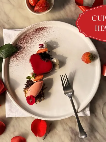 My Cupid's Heart dessert, specially created for Valentine's Day. A heart-shaped mousse with strawberry sorbet, it's love on a plate.