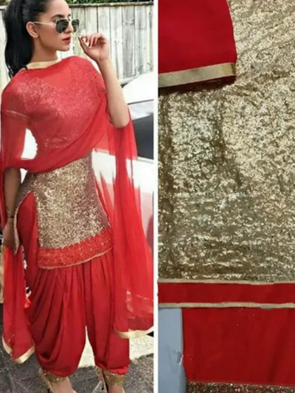 I specialize in stitching authentic Punjabi suits, like this vibrant red and gold Patiala suit. I ensure the salwar has the perfect drape and the kameez is fitted beautifully, whether for a party or daily wear.