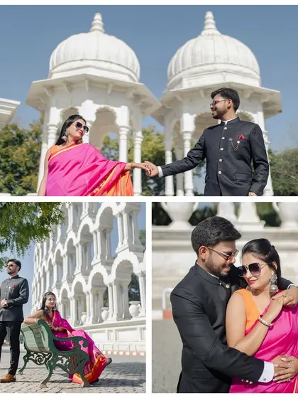 A vibrant pre-wedding shoot at Gaitor Ki Chhatriyan, where the couple's colorful outfits pop against the white marble cenotaphs.