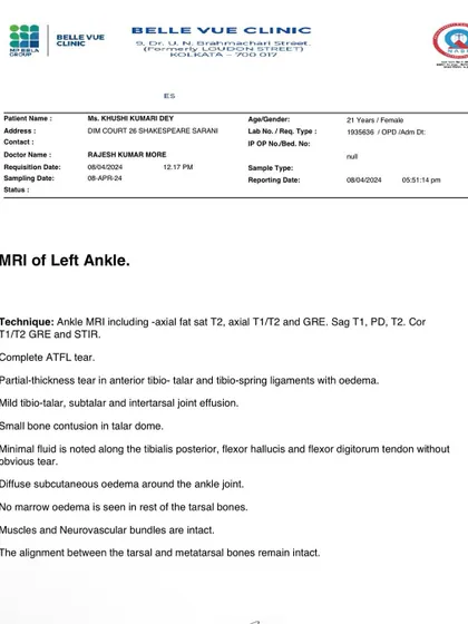 The official MRI report confirming a complete ATFL tear in Khushi's ankle. This documents the severity of the injury we were dealing with just four days out from a national competition. Transparency is key in the coach-athlete relationship.