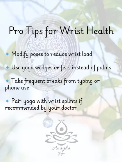 Pro tips for wrist health include modifying poses to reduce load, using wedges, and taking frequent breaks from typing or phone use.