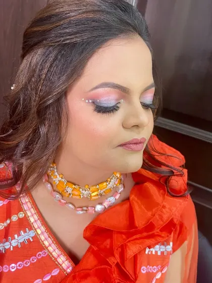 A close-up of the playful and colorful eye makeup, perfect for a fun-filled event like a Mehendi party.