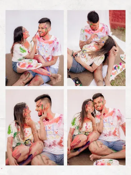 A four-photo collage showing the progression of a fun and messy paint fight during a pre-wedding shoot.