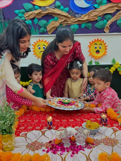 Our teachers guide the children in performing a simple aarti for Diwali. We introduce them to traditions in a way that is meaningful and easy for them to understand.