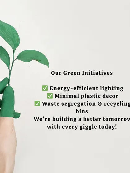 We are committed to being a green and eco-conscious business. This graphic outlines our initiatives, including energy-efficient lighting and waste segregation.