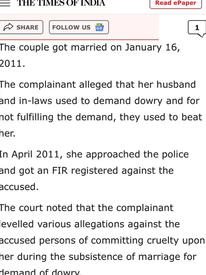 The case, initiated in 2011, involved serious allegations of dowry demands and cruelty. This clipping from the Times of India outlines the initial complaint we fought against for over a decade.
