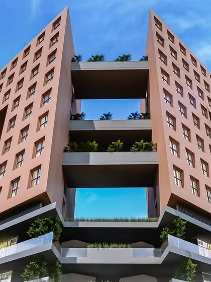 Another perspective of the symbiotic residential structure, emphasizing its unique form and the interplay between solid and void. The design provides both private living spaces and shared green areas, fostering a sense of community.
