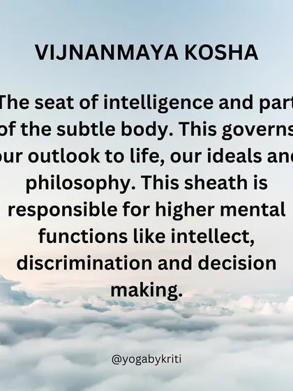 The Vijnanmaya Kosha is the fourth sheath, the seat of intelligence. It governs our outlook on life, our ideals, and our capacity for discrimination and decision-making.
