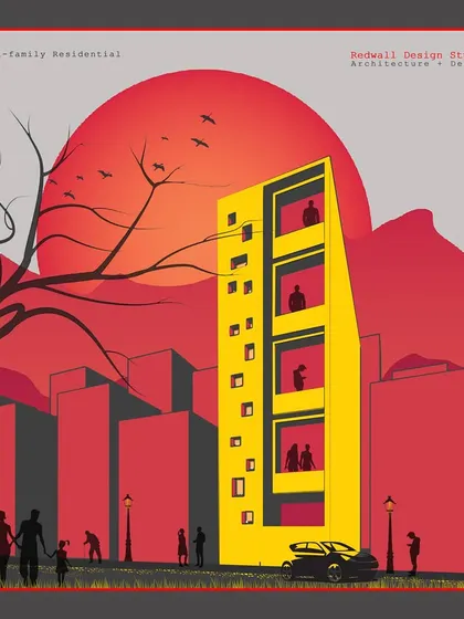 An artistic illustration from our studio's creative series, representing the theme of multi-family residential architecture in a bold, graphic style.
